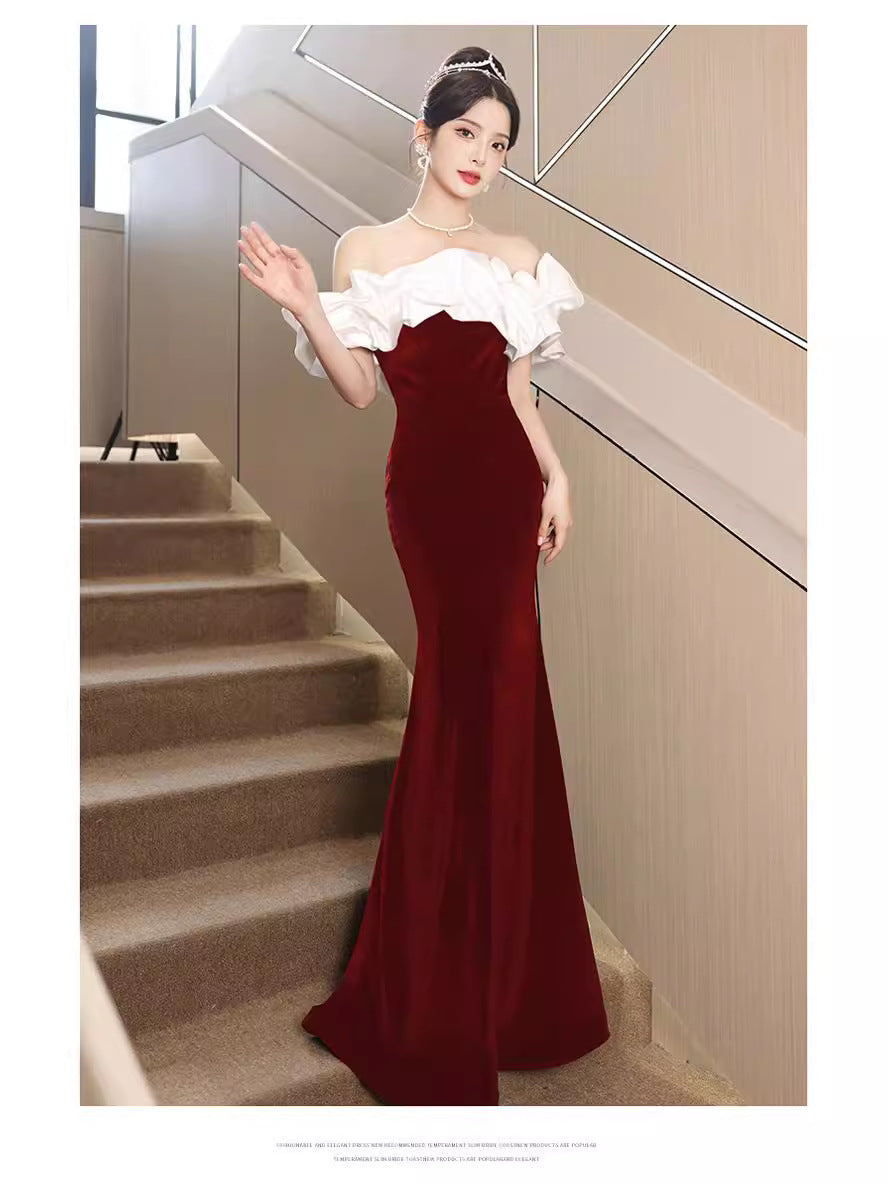 2024 New Summer Red Bardot Temperament Ladies Party Dress Host Dress Slim Fit Fishtail Dress