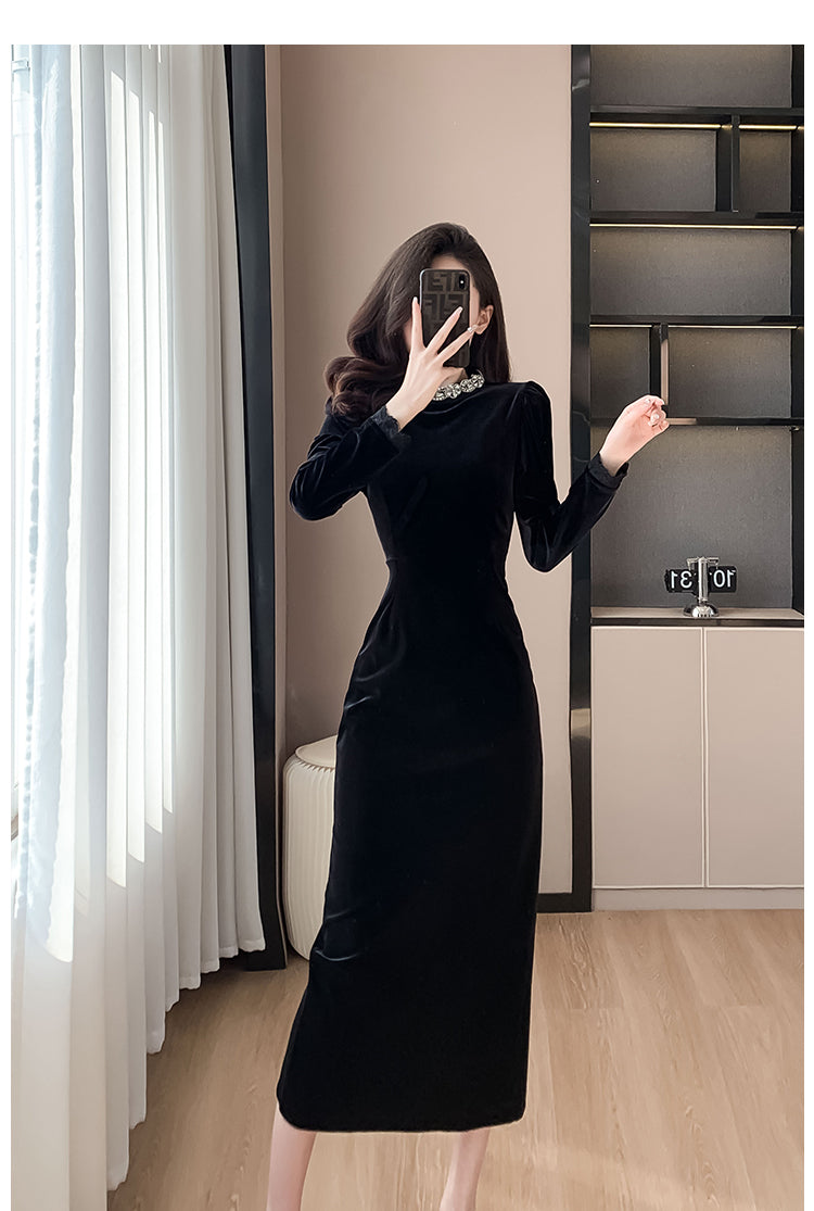 Black Dress High-End Dress Long Light Luxury Beads Rhinestones Long Sleeve Velvet Dress Autumn and Winter Annual Party Banquet Evening Wear