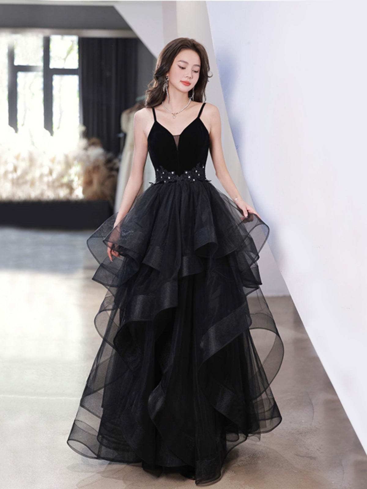 Prom dress French Evening Dresses Women's Black Mesh Hepburn Style Host Princess Long Gown H89920