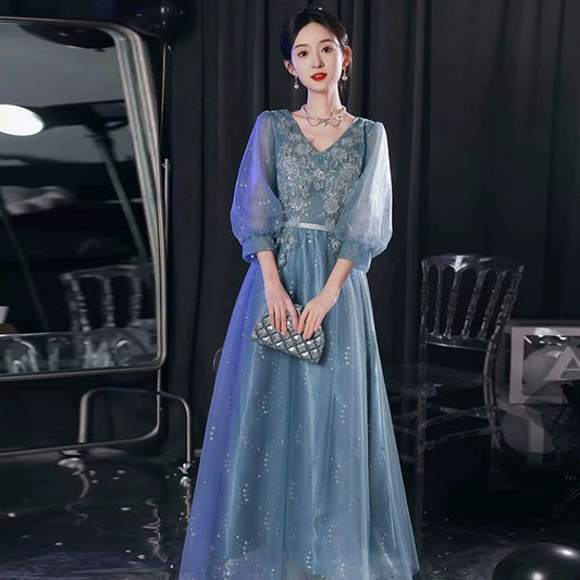 Blue High-End Banquet Host Formal Dress 18 Years Old Adult Ceremony Piano Vocal Music Art Test Dress Graduation Season Clothing