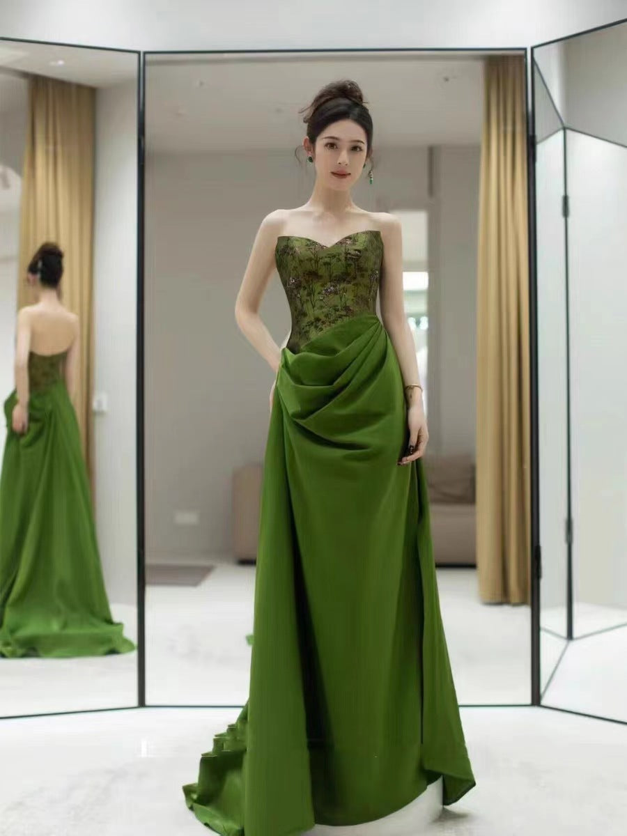 Green New Chinese Style Morning Gowns Dress Toast Dress Bride Engagement Dress Light Luxury Minority Long Tube Top Dress