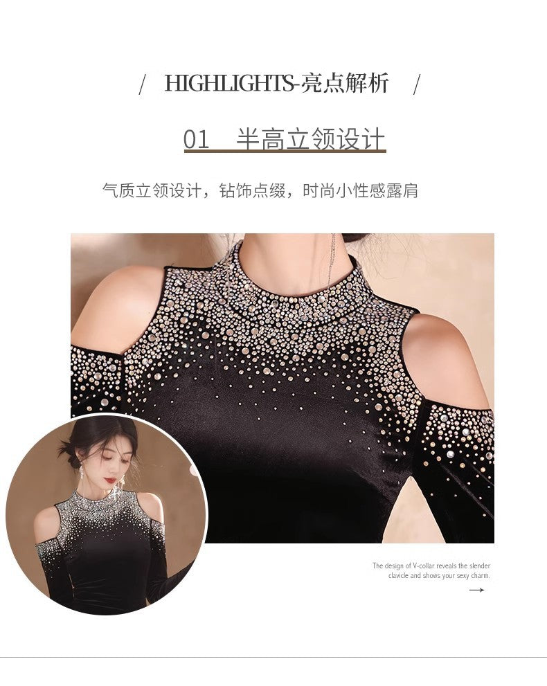 Factory in Stock Wholesale New Elegant and Beautiful off-Shoulder Long Sleeve Banquet Host Black Mermaid Evening Dress for Women