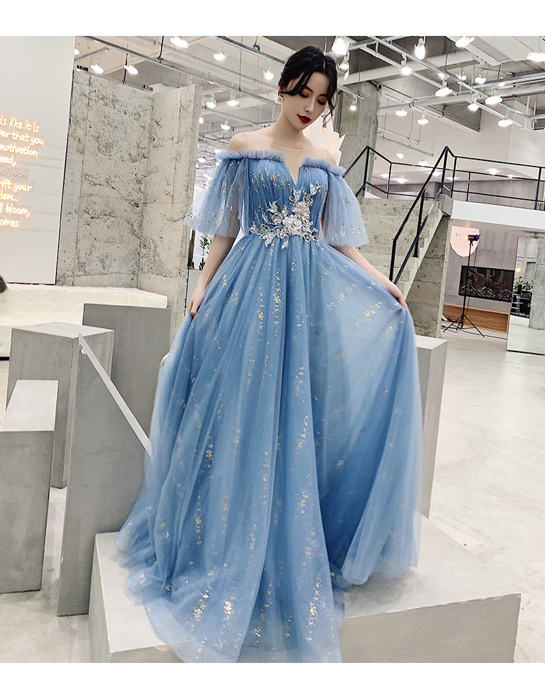 Blue Host Art Exam Evening Dress Female 2024 New Banquet Temperament Princess Fairy Mori Style