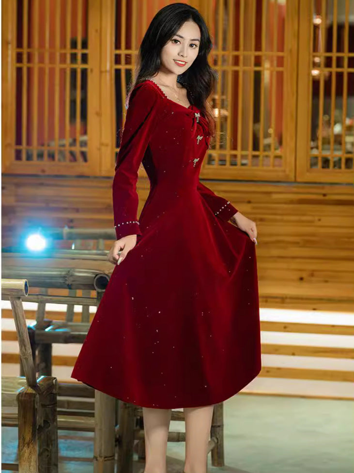 Toast Dress Bride Wine Red Spring and Autumn Wine Red Wedding Back-to-Door Dress Small Size Dress Daily Style