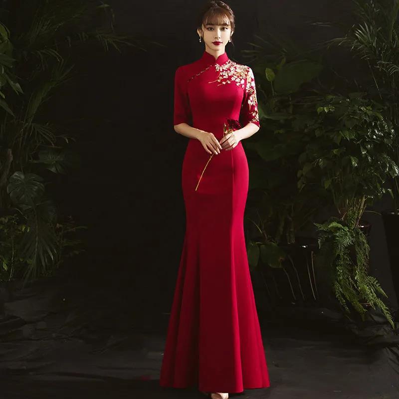 Cheongsam Dress High Collar Chinese Toast Gown Bride Female Chinese Style Retro Red China Wedding Dress H8923