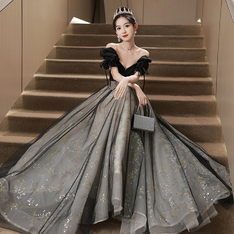 Evening Dress prom dresses French Style Black Hepburn off shoulder ;ace Luxury  Birthday Performance Princess Ball gown H2930