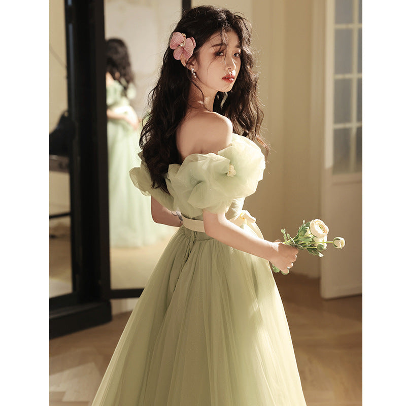 off-Shoulder Evening Dress High-End Affordable Luxury Niche Atmosphere Host Annual Party Dress Student Art Exam Performance Green