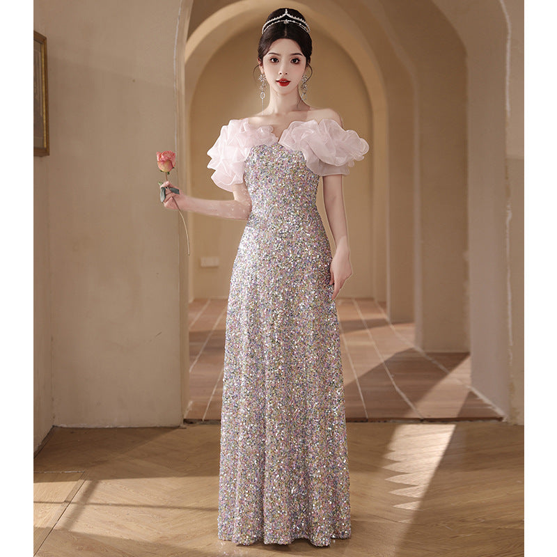 off-Shoulder Evening Dress Light Luxury Minority High-End Sequined Host High Sense Banquet Female Temperament 2024 New