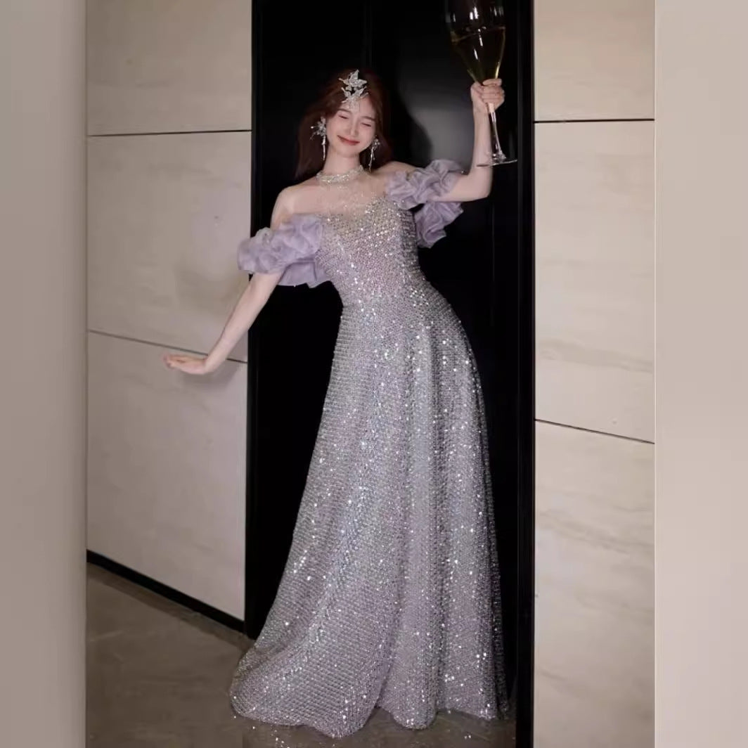 Evening Dress Gala Ball Gown Off Shoulder Purple Sequined Long Slim Fit Slimming Annual Party Banquet Host H00202