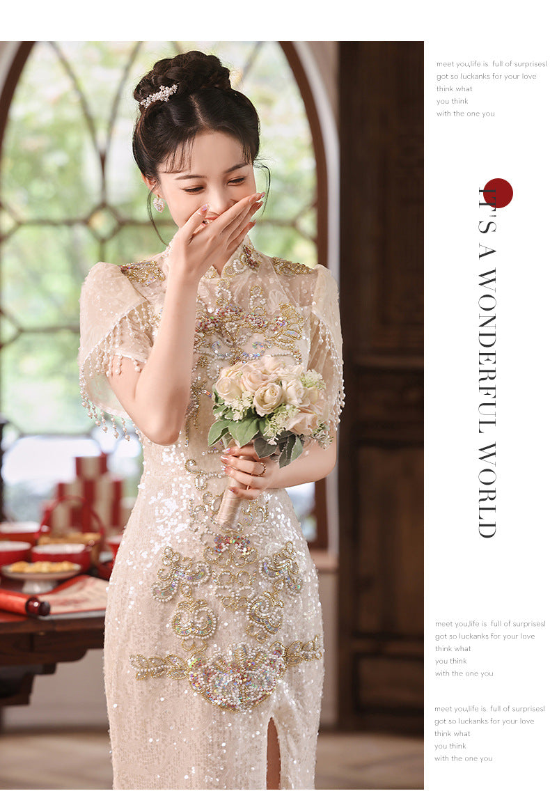 New Chinese Evening Dress Light Luxury High-End Toast Dress Bride Bride Outfit Champagne Cheongsam Engagement Dress Spring