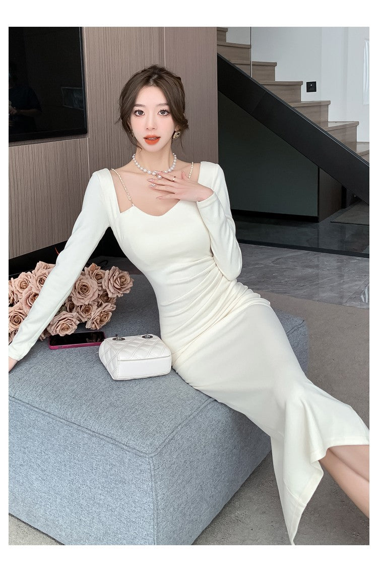 Chic French Style Chain Square Collar Dress Women's Elegant Bodycon Sheath Dress Niche Split Evening Dress Isn