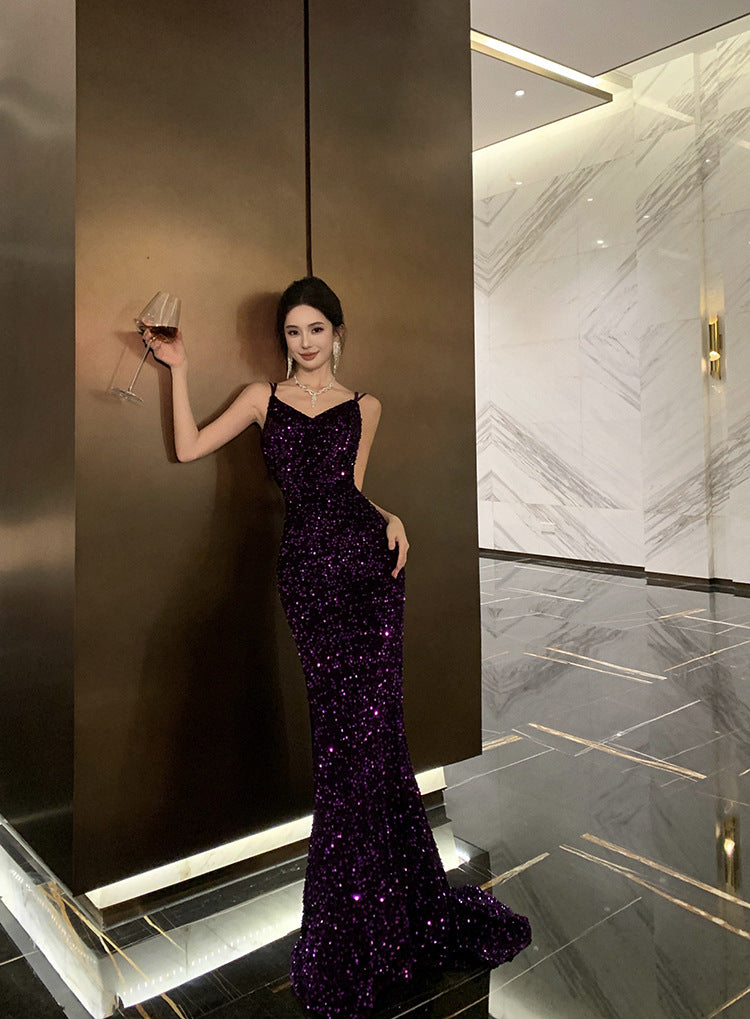 2024 New Small Dress High-Grade Temperament Socialite Heavy Embroidery Sequins Purple Bare Back Sling Dress