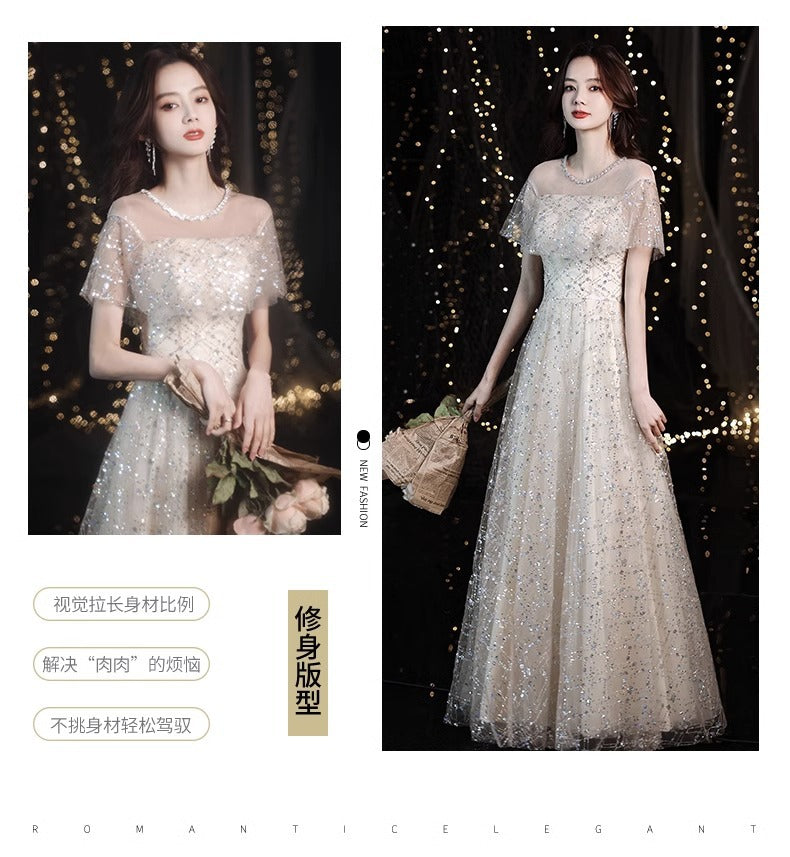 2024 New Sequined Evening Dress Women's High Sense Special Interest Light Luxury Banquet Temperament Annual Meeting Dinner Host