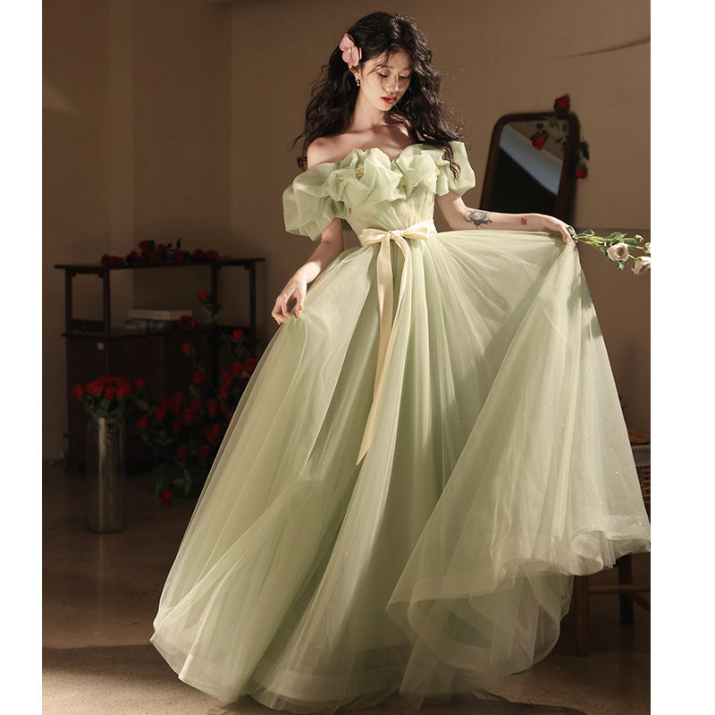 off-Shoulder Evening Dress High-End Affordable Luxury Niche Atmosphere Host Annual Party Dress Student Art Exam Performance Green