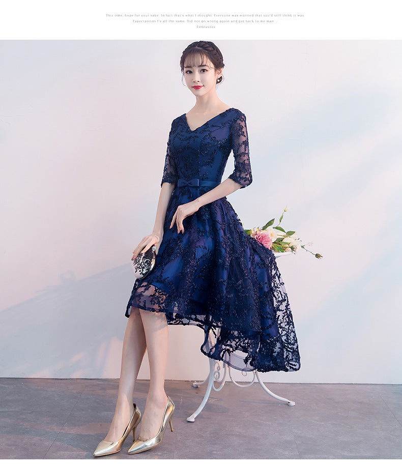 Navy Blue Evening Dress Temperament Banquet Mom Wedding Reception Clothes Front Short Back Length Dress Daily Style Autumn and Winter