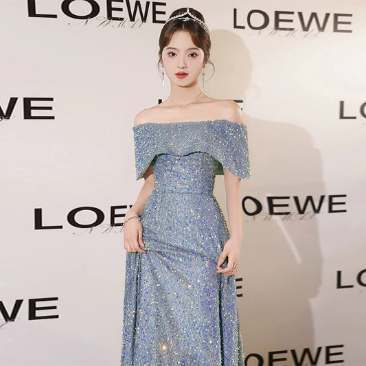 off-Shoulder Sequined Evening Dress for Women Light Luxury Minority High-End Host Gao Ding Haze Blue Toast Dress Engagement Flash