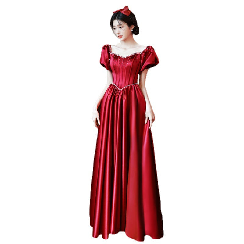 Evening Dress Prom Dresses Ball Gown Satin Dinner Dress Bride Wine Red  Princess Skirt H29898