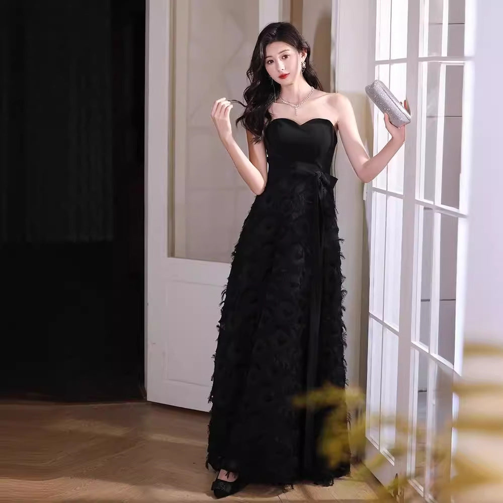 Black Tube Top Evening Dress for Women 2024 New Banquet Temperament Host Long Dress Student Art Exam 18-Year-Old Dress Autumn