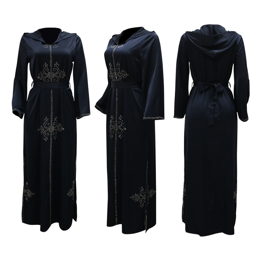 Xqy500157 Middle East Abaya Ethnic Style Dress Hooded Robe Fashion Diamond-Embedded Slits Lower Hem Dress