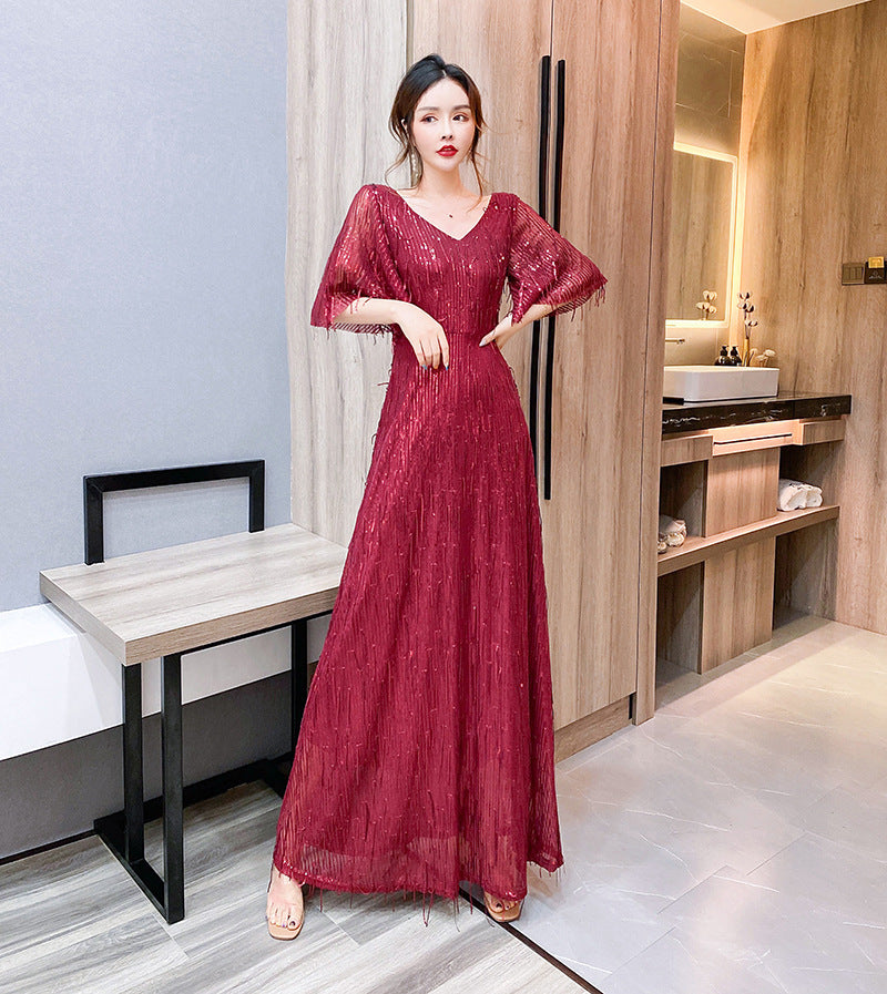 Starry Evening Dress Dignified Temperament Bride Toast Dress V-neck Flared Sleeves Sequined Tassel Slimming Long Dress Women