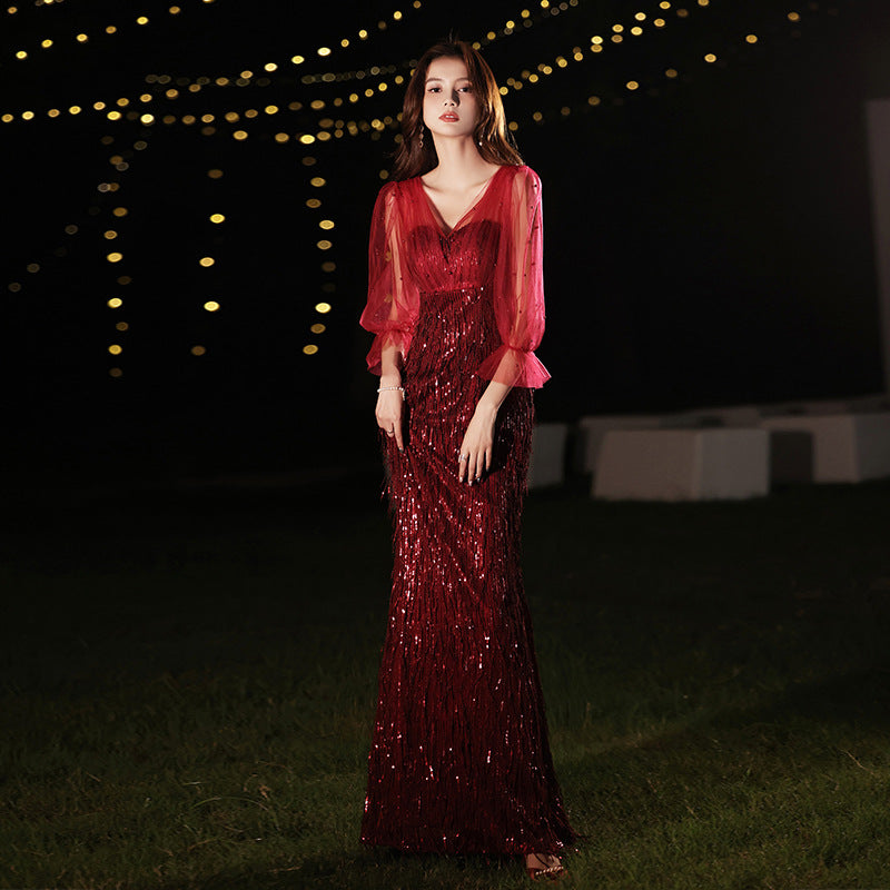 European and American Evening Dress 2024 New Light Luxury Light Luxury Temperament Dress Light Luxury Elegant Top Grade Banquet Dress
