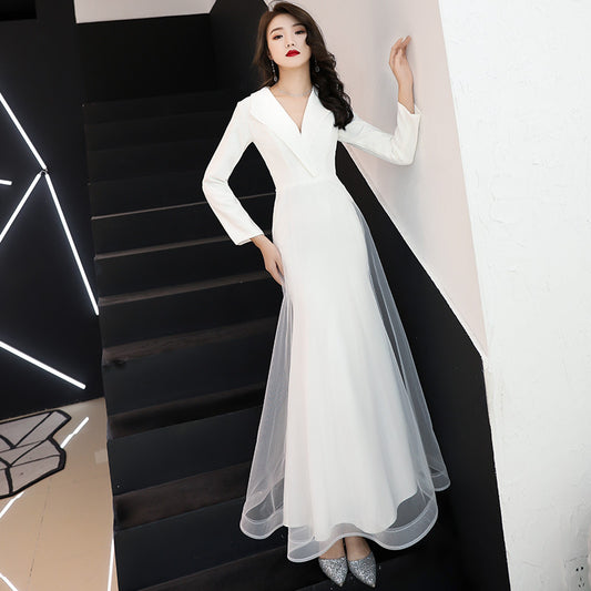 White Evening Dress Women's Long-Sleeved Annual Meeting Host Fishtail Dinner Dress 2024 New Socialite Long Temperament Slimming