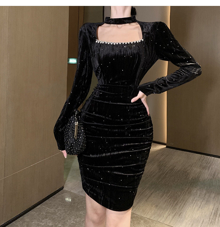 5506 Cross-Border Products in Stock New Autumn and Winter Gold Velvet Beaded Hollow-out Slim Sheath Long Sleeve Sequined Dress Dress