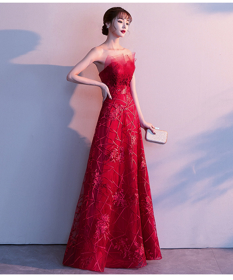 Toast Dress Bride 2024 New Autumn Winter Sexy Strapless Long Type Slimming Wedding Appreciation Dinner Red Evening Dress for Women