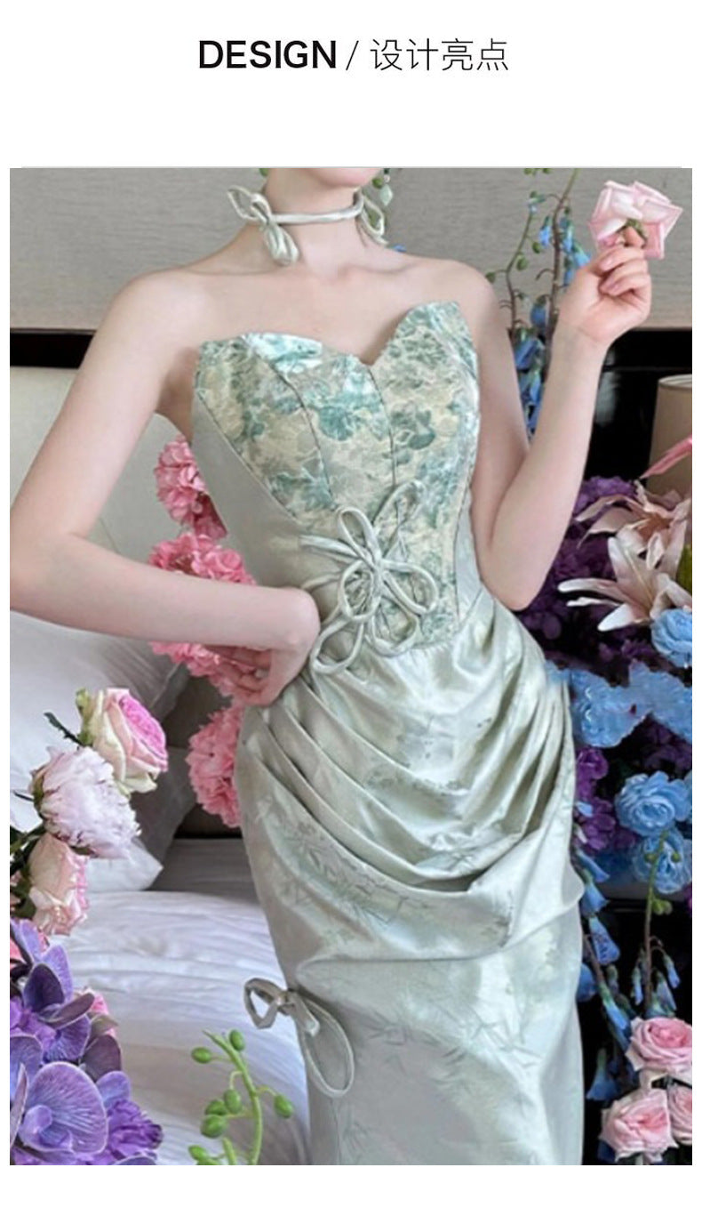 New Chinese Style Morning Gowns Women's 2024 New Tube Top Bride Engagement Toast Clothing Banquet Temperament Host Evening Dress Skirt