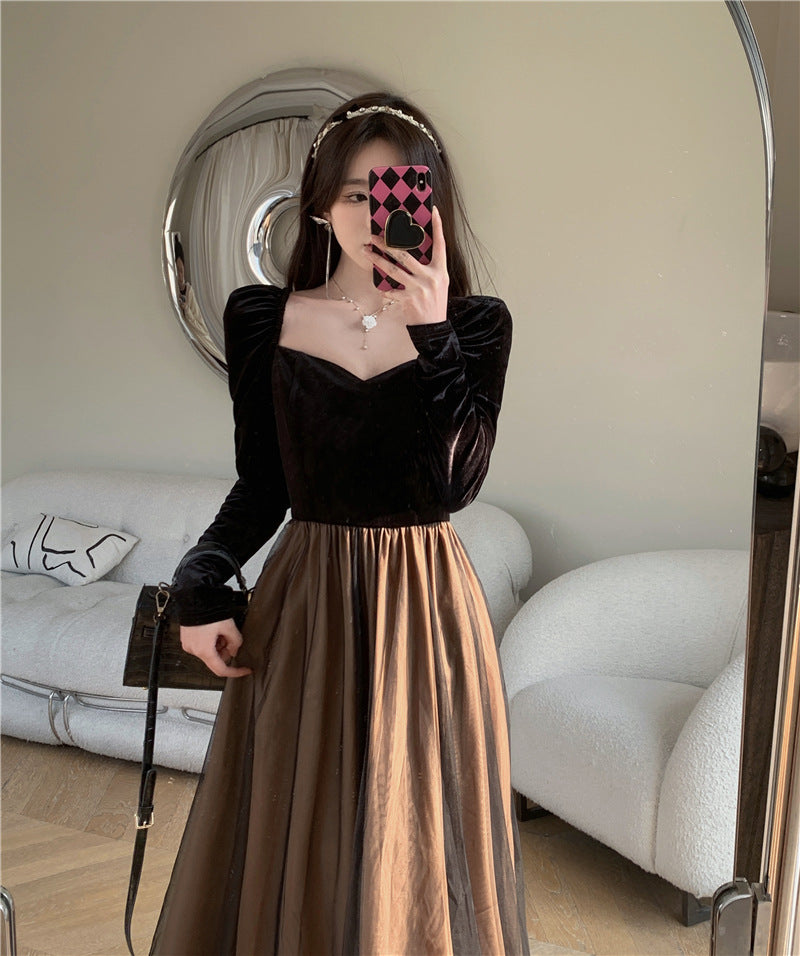 Black Vintage Velvet Dress Women's Autumn and Winter French Temperament Socialite Slim Fit Cinched Mesh Dress Long Skirt