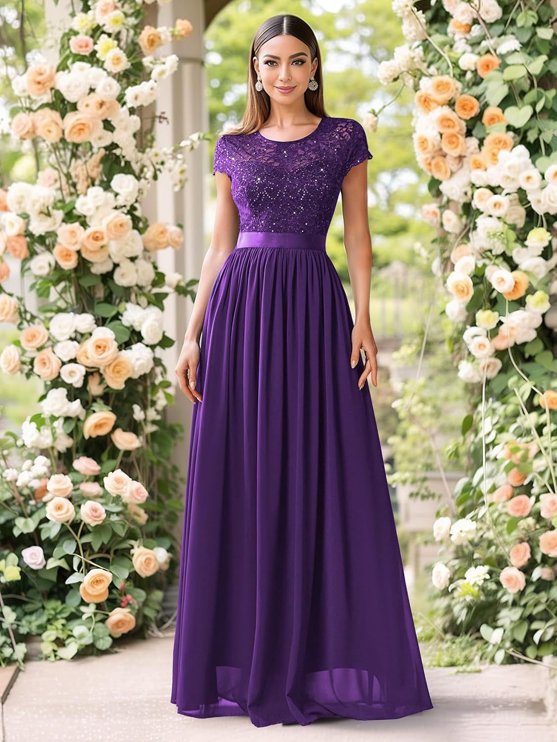 Cross-Border Amazon Fashion Banquet Dress Elegant European and American Bridesmaid Dress Wedding V-neck Short Lace Chiffon Dress