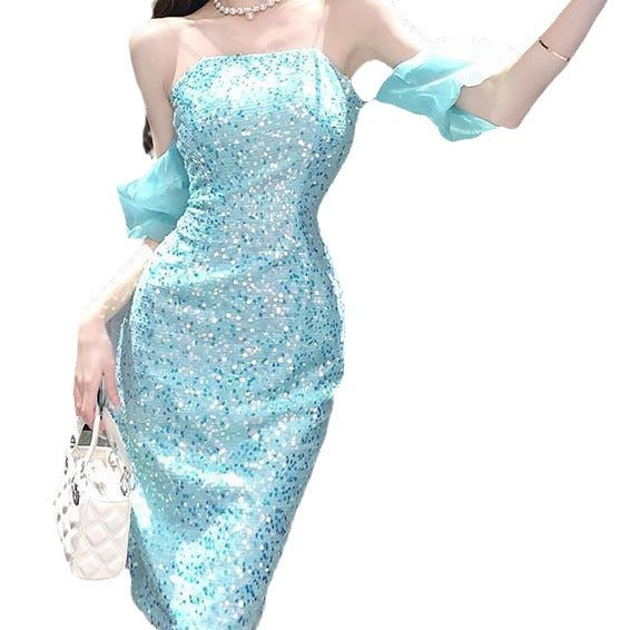 Evening dress Prom dresses Lake blue Sequin Party Lantern Sleeve Ball gown H29993