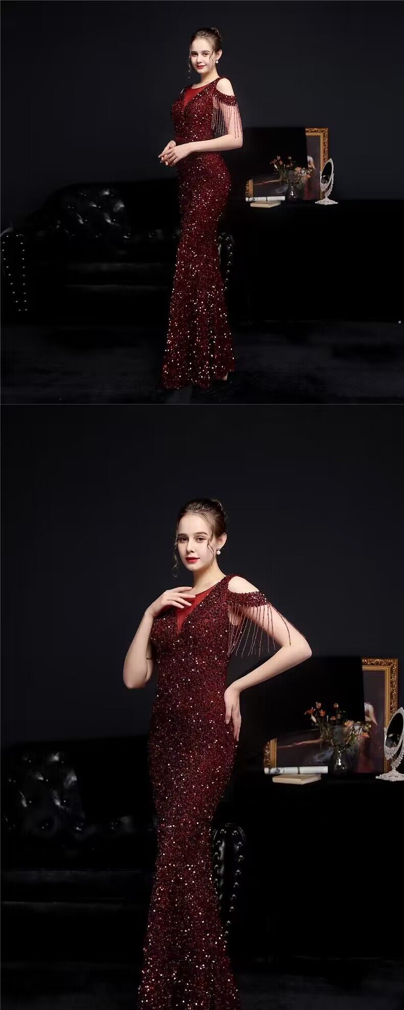 3185 Heavy Industry Evening Dress Women's New Banquet Temperament High-End Fishtail Host Socialite Light Luxury Minority High-End