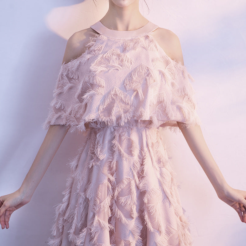Halter Banquet Evening Dress Dress Women's 2024 Autumn New Elegant Long Slimming Solo Art Exam Pink Bridesmaid