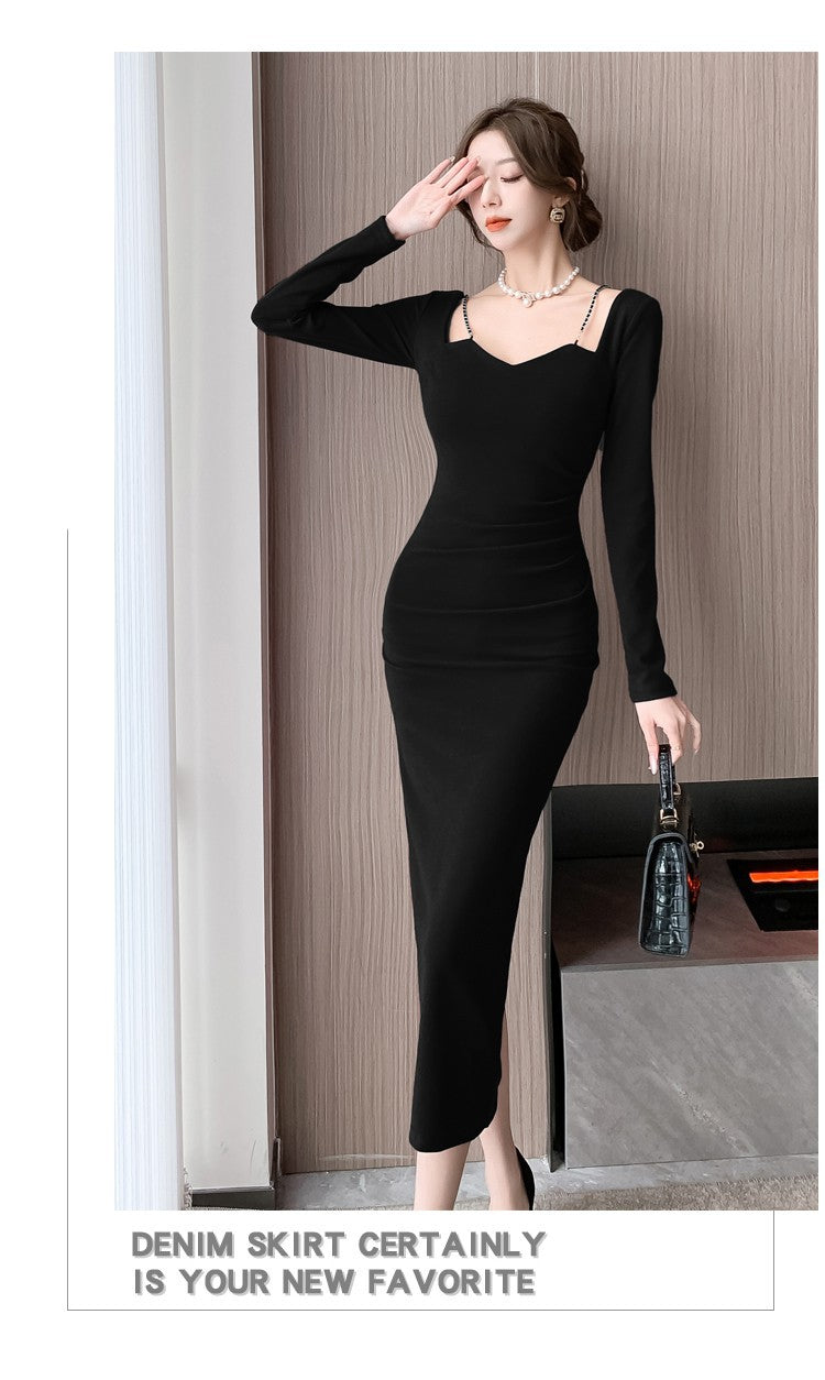 Chic French Style Chain Square Collar Dress Women's Elegant Bodycon Sheath Dress Niche Split Evening Dress Isn