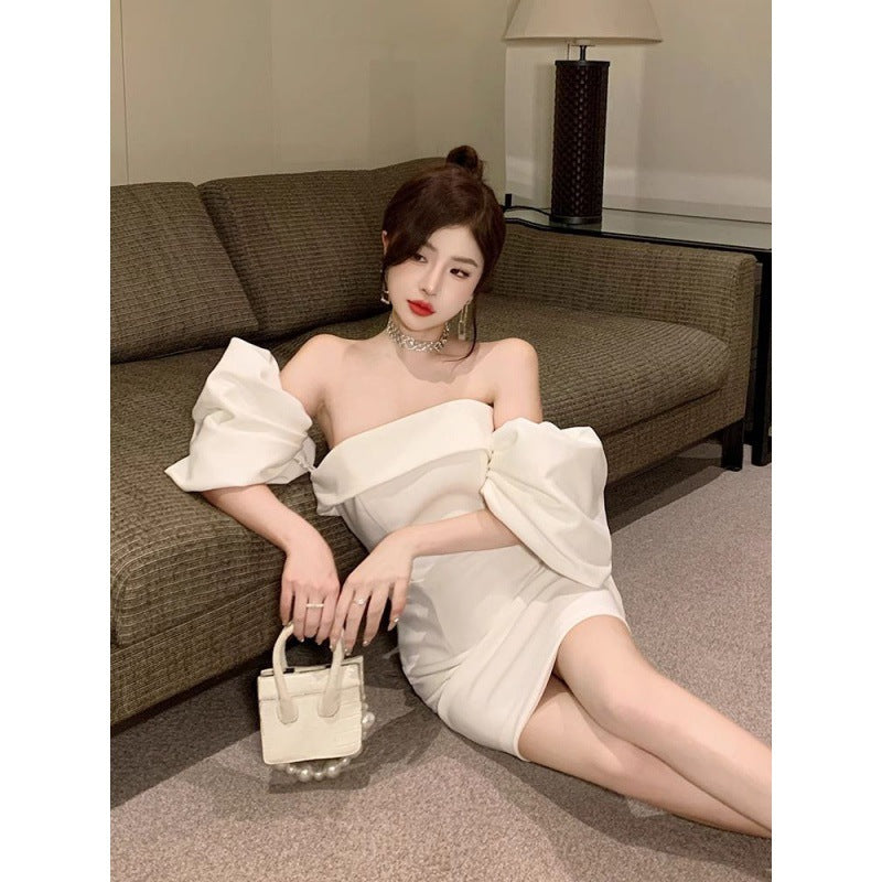 Sexy White off-Shoulder Dress Women's 2024 Spring and Summer New High-End Sense Temperament Banquet Light Dress Women's Fashion