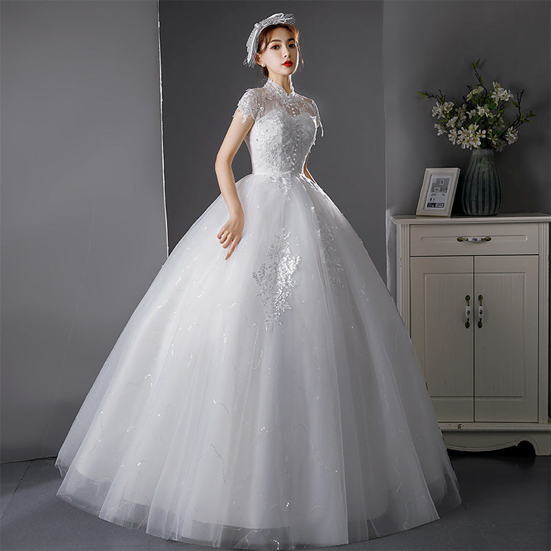 French Light Wedding Dress 2024 New Princess Style Floor-Length Graceful Stand Collar Female Bride Wedding Dress Super Fairy Mori Style Summer