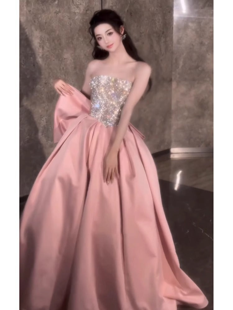 Pink Evening Dress for Women 2024 New High-Grade Tube Top Banquet Temperament Host Birthday Dress 18-Year-Old Adult Ceremony