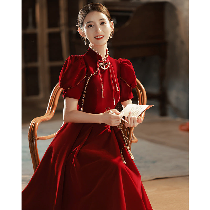 Toast Dress Bride 2024 New Chinese Style High-Grade Red Velvet Engagement Wedding Dress Women's Long Sleeve Spring