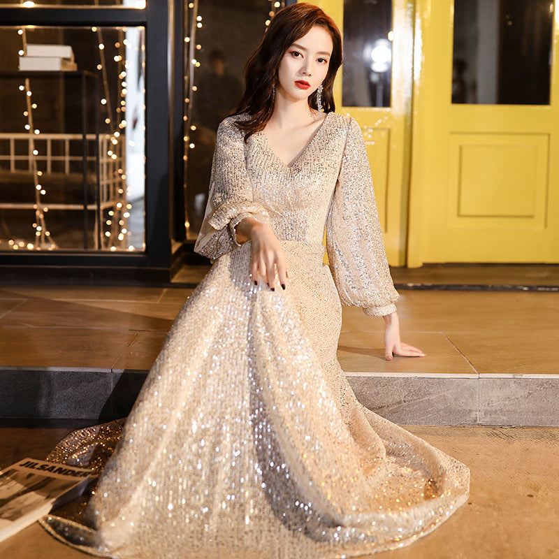 Factory Supply Evening Dress 2024 New Autumn and Winter Long Long Sleeve V-neck Sequins Champagne Annual Party Evening Dress