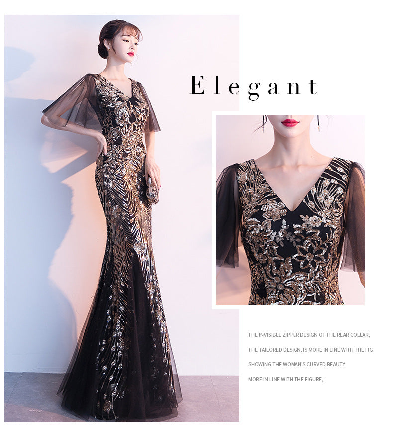 Evening Dress for Women 2024 New Banquet Socialite Gathering Long Style with Medium Sleeves V-neck Black Paillette Host Fishtail