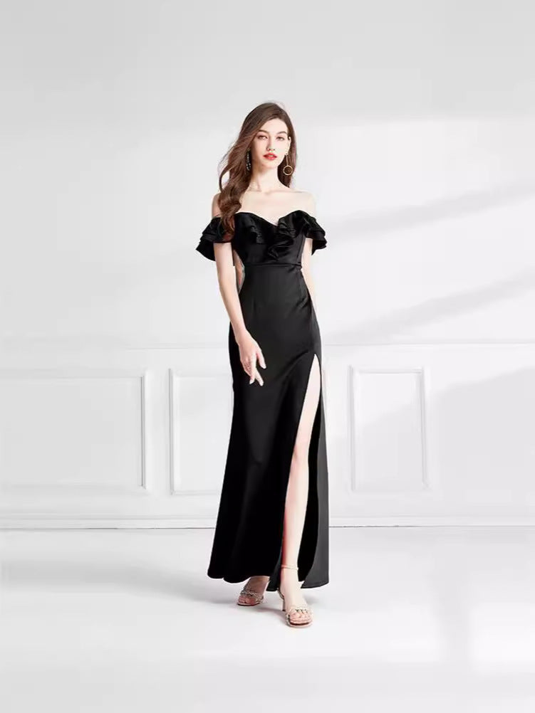 Evening Dress Gala Birthday Dinner Party Ball Gown Black Flower Long Off Shoulder Dresses H889222