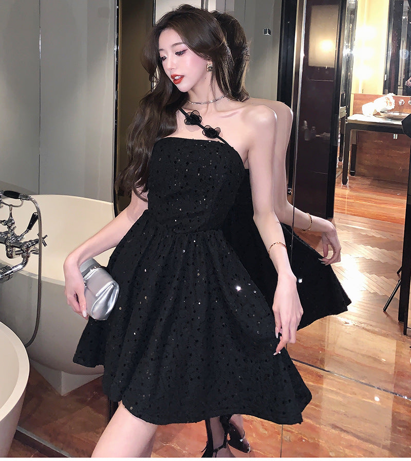 6155 Cross-Border in Stock 2024 New Sweet Lady Heavy Craft Sequin Slim Fit Bandeau One-Shoulder Dress Dress