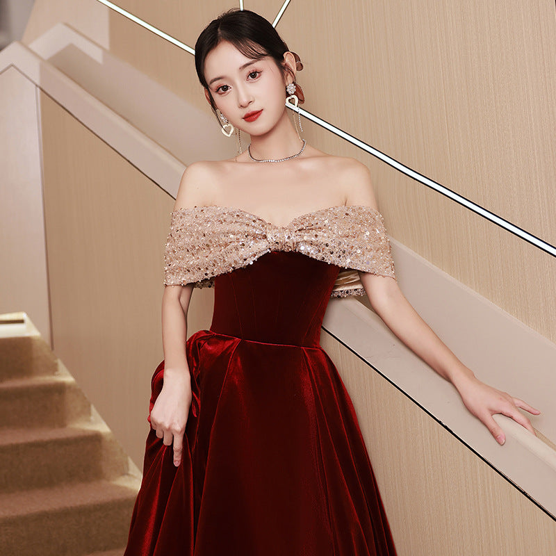 Western Style Clothing Dresses Bridal Summer Wine Red off-Shoulder Fashion Engagement Dress Women's Banquet Temperament Dress H98923