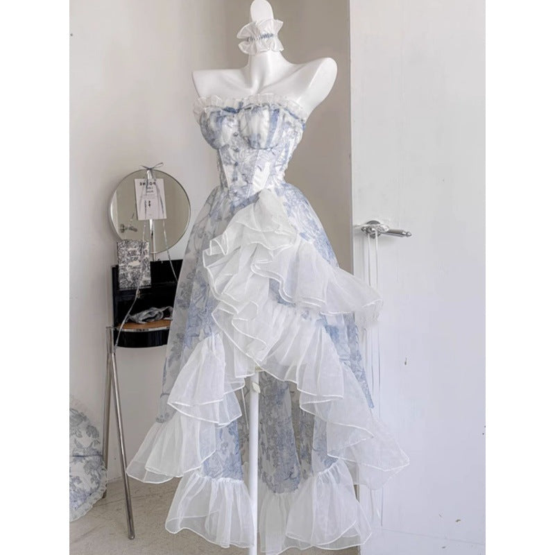 French Blue Floral Strapless Dress Women's Summer Princess Vintage Vintage Lolita Dress