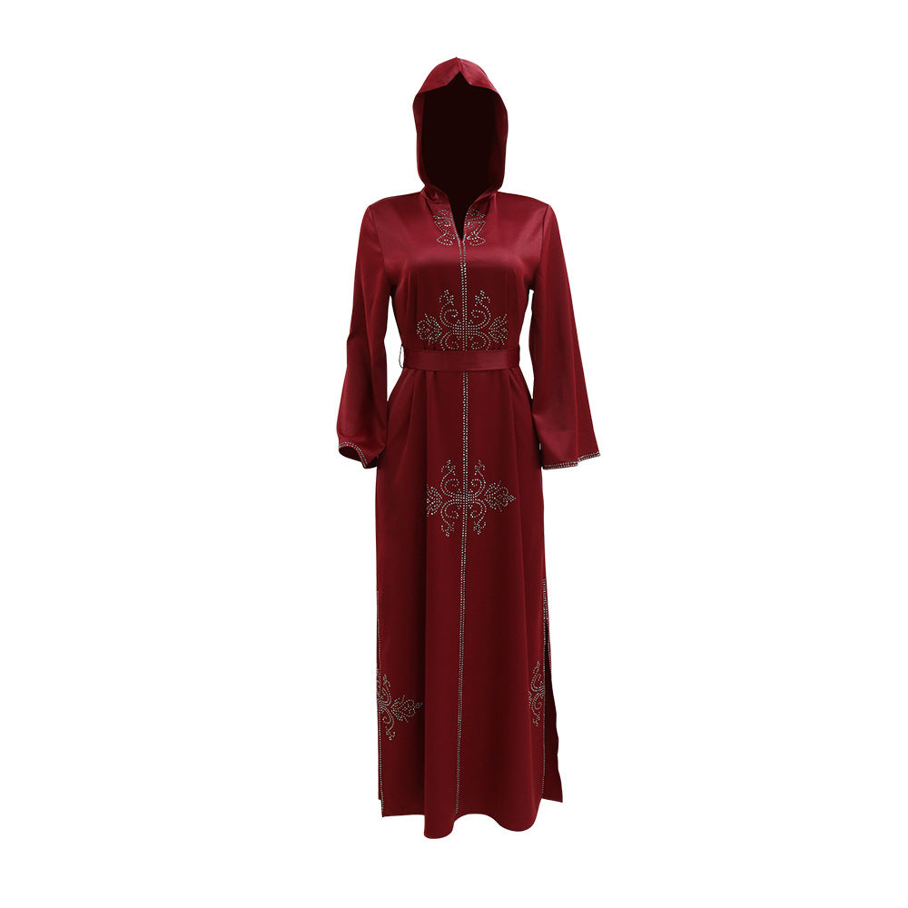 Xqy500157 Middle East Abaya Ethnic Style Dress Hooded Robe Fashion Diamond-Embedded Slits Lower Hem Dress