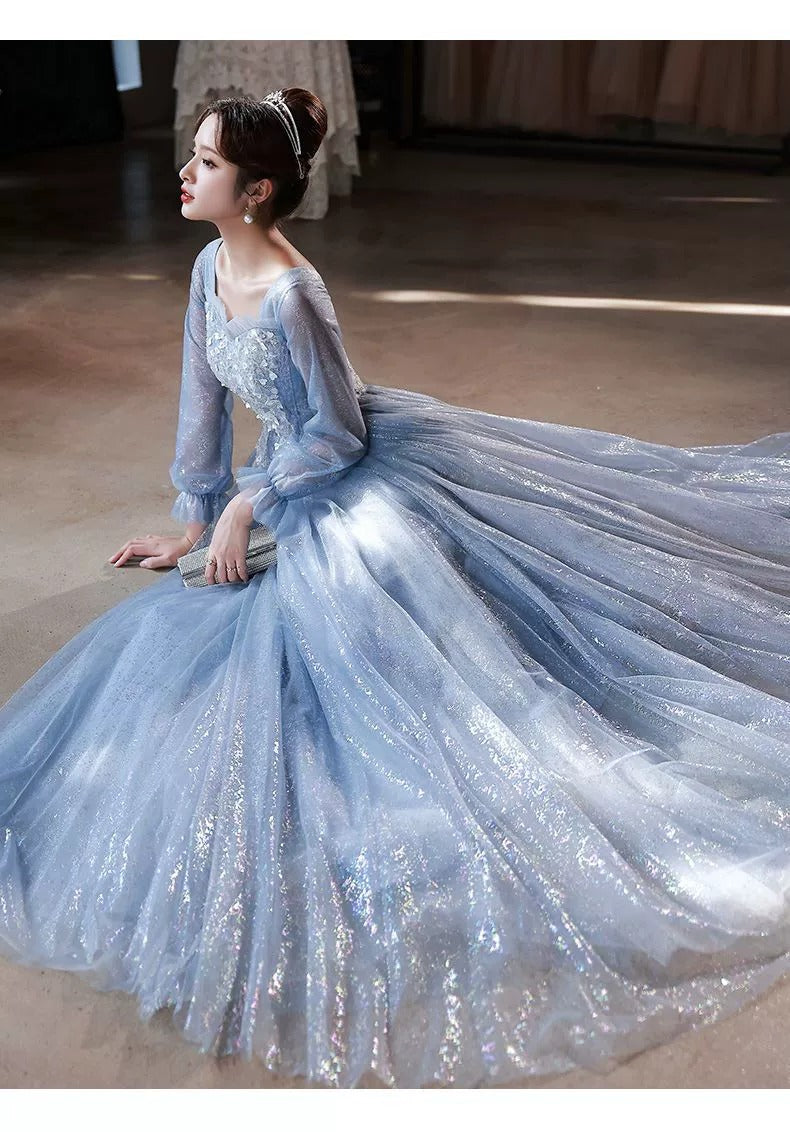 High-End Blue Dress High-End Sense Banquet Host Fairy Vocal Music Student Art Exam Dress Student Performance Dress