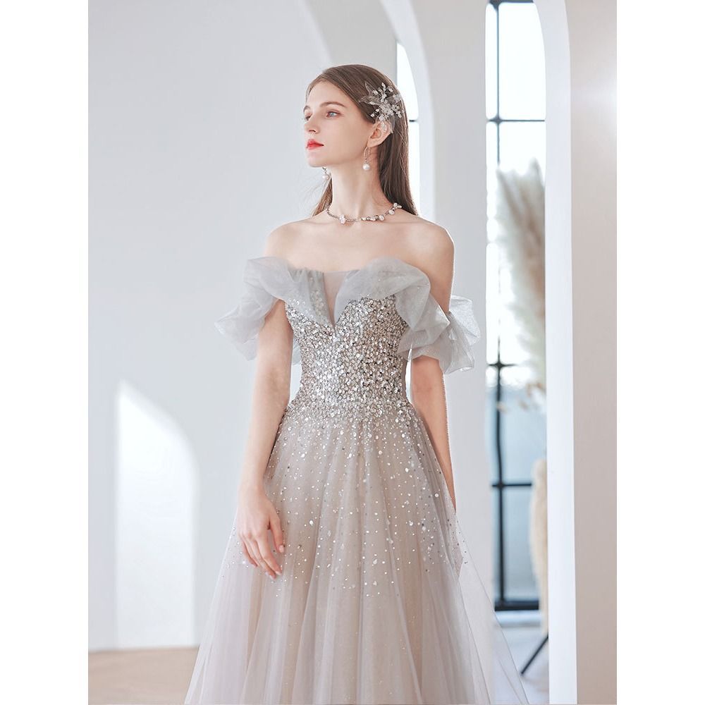 Temperament Banquet Evening Dress for Women 2024 New Autumn Bridal off-Shoulder Gray Elegant Dress for Host