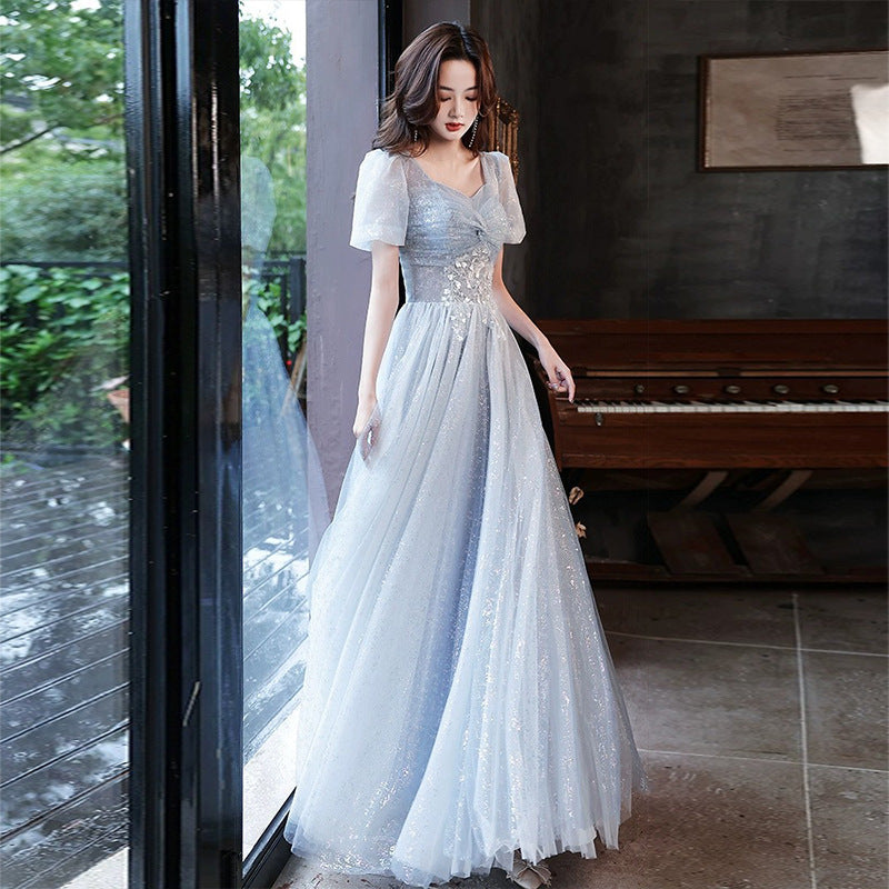 Art Exam Evening Dress Man Blue Female Banquet Temperament Vocal Music Host Costume Socialite Princess Style Dress