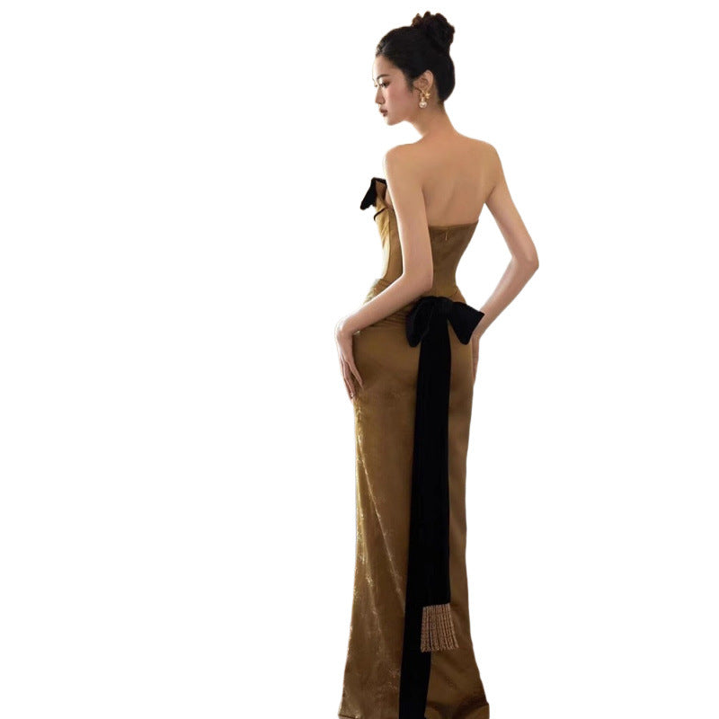 Morning Gowns Women's 2024 New High-Grade New Chinese Style Tube Top Toast Clothing Niche Retro Slit Bride Engagement Formal Dress